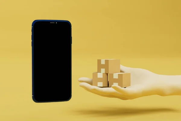 parcel delivery order via smartphone. hand with parcels and mobile phone on a yellow background. 3d render.