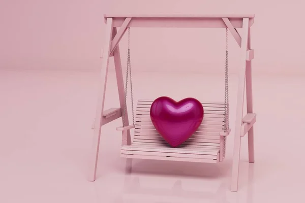 love concept. life with dreams of love. a red heart rides on a pink swing. 3d render.