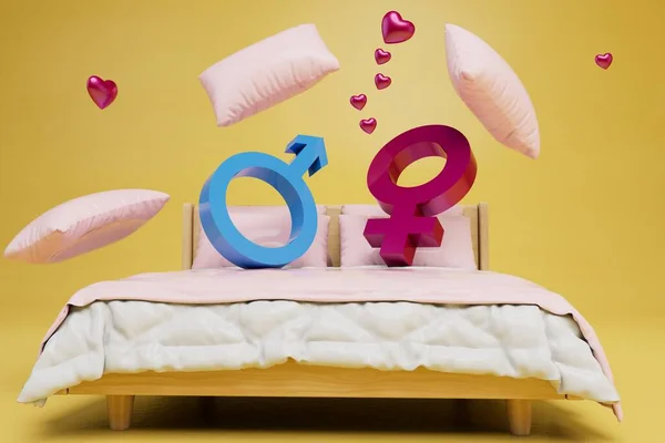 Bir Erkekle Kadın Arasındaki Aşk Yastıklı Pembe Bir Yatakta Kadın — Stok fotoğraf