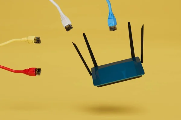 cable for internet connection. wifi router and internet cables on a yellow background. 3d render.