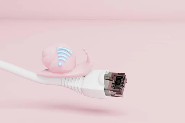 slow as a snail wi-fi connection via internet cable. snail with a wifi icon on the cable. 3d render.