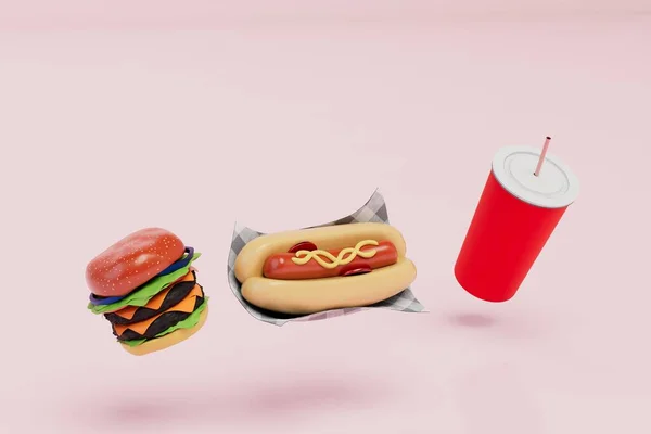 Fast Food Snacks Cheeseburger Hot Dog Cola Pink Background Render — Stock Photo, Image