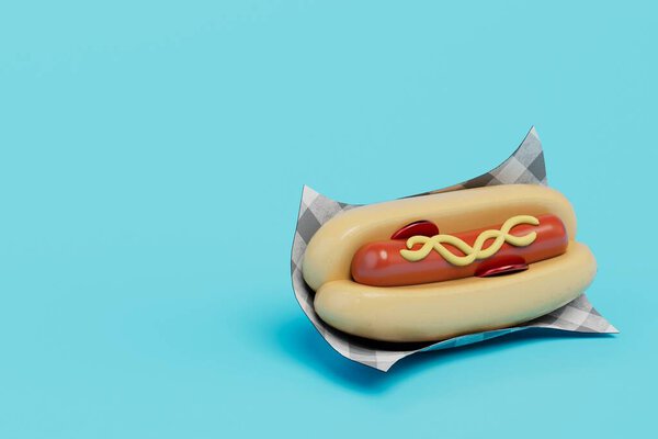 love for fast food. big hot dog on a blue background. copy paste, copy space. 3d render.