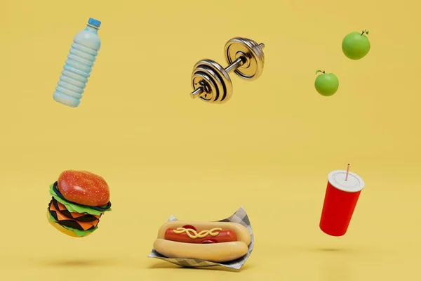 choice between fast food and sports. space for text between food and sports equipment. 3d render.