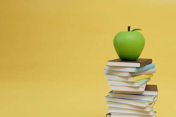 Volver Aprender Merienda Durante Estudio Una Pila Libros Una Manzana — Foto de Stock
