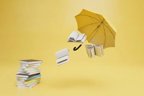 Herfstsemester Studeren Regenachtige Herfst Boeken Gele Paraplu Een Gele Achtergrond — Stockfoto