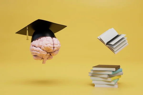Yüksek Öğrenim Kavramı Mezuniyet Şapkasındaki Beyin Bir Yığın Kitabın Yanında — Stok fotoğraf