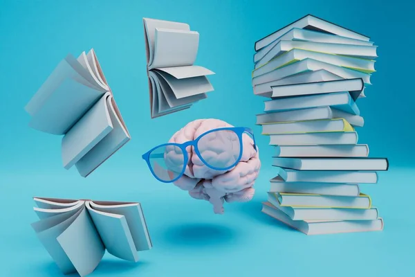 Concepto Trabajo Cerebral Durante Entrenamiento Cerebro Vasos Entre Montón Libros — Foto de Stock