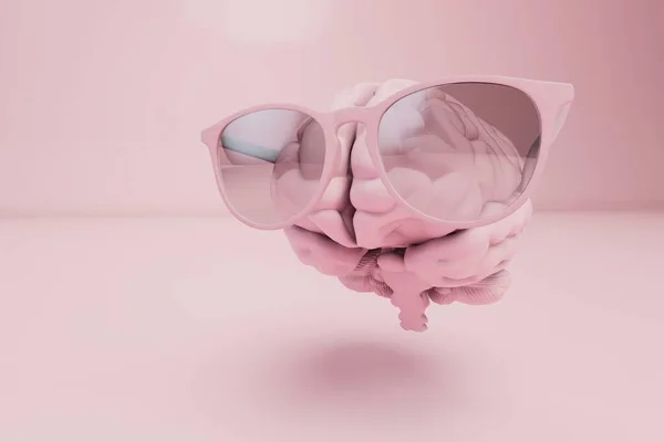 Geistige Arbeit Des Gehirns Rosa Gedanken Gehirn Brille Auf Rosa — Stockfoto