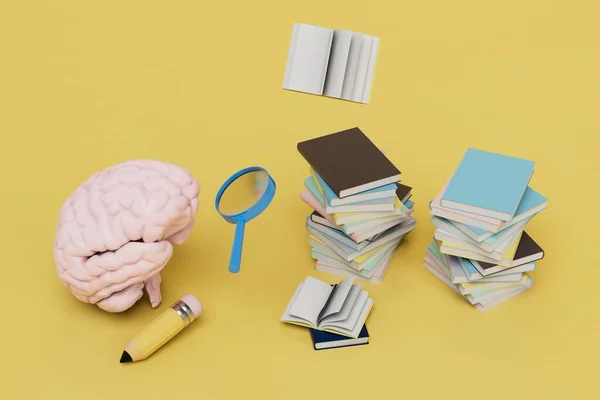 Concepto Obtener Educación Cerebro Lápiz Lupa Libros Sobre Fondo Amarillo — Foto de Stock