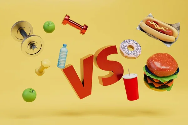 choice between fast food and sports. sports equipment and fast food on a yellow background. 3d render.