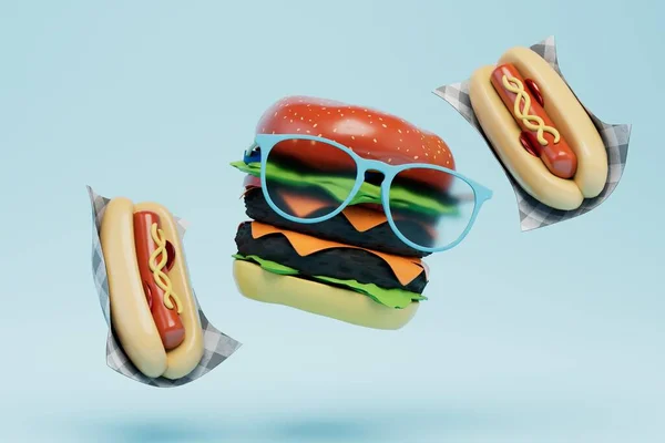 Concept Fast Food Snacks Hot Dogs Cheeseburger Sunglasses Blue Background — Stock Photo, Image