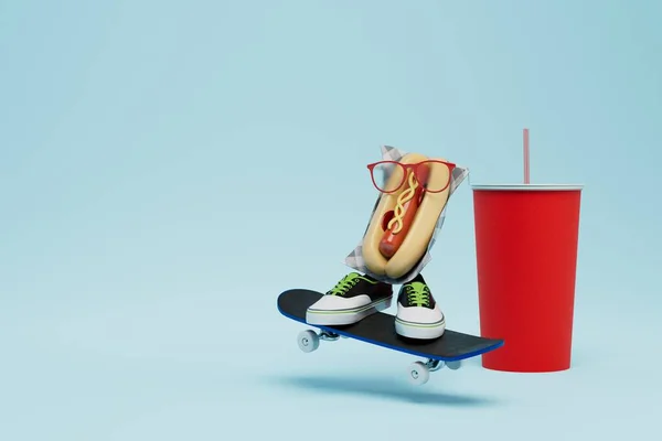 Доставка Фаст Фуда Скейтборде Коньки Спортивной Обуви Которых Хот Дог — стоковое фото