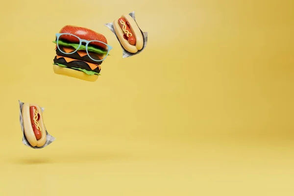 Conceito Lanches Fast Food Cachorros Quentes Cheeseburger Óculos Sol Pasta — Fotografia de Stock