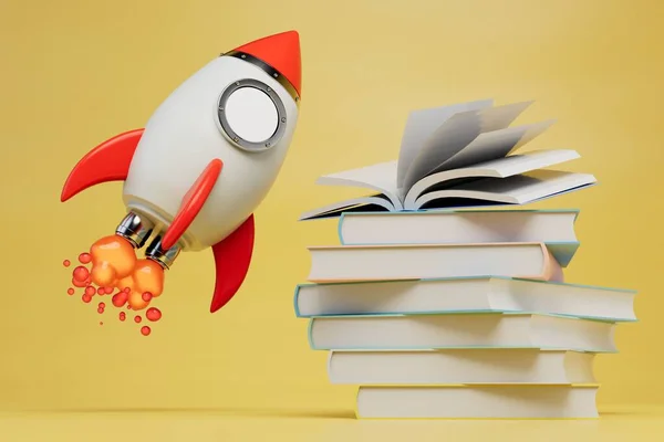 reactive learning. taking off rocket near a stack of books on a yellow background. 3d render.