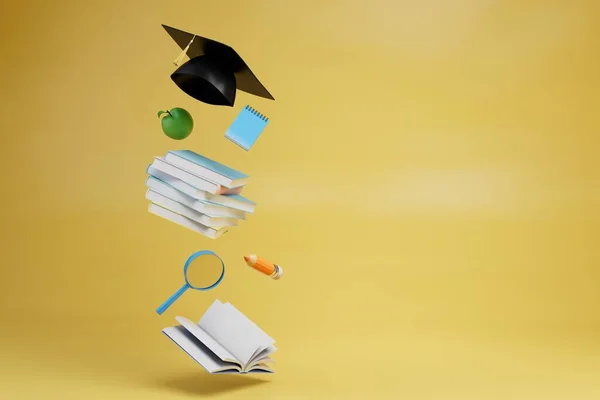 education in school, college. educational supplies on a yellow background. copy paste, copy space. 3d render.