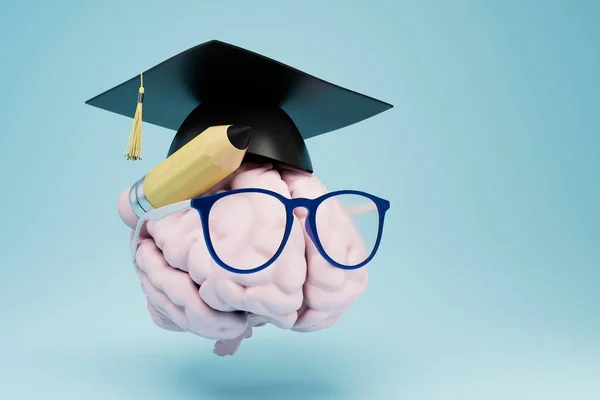 Bilgi Edinme Kavramı Mezuniyet Şapkalı Bir Beyin Mavi Arka Planda — Stok fotoğraf