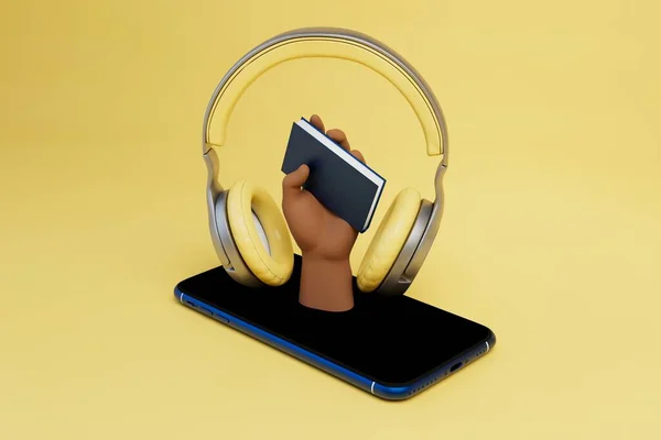 スマートフォンのヘッドフォンでオーディオブックを聴いています 電話とヘッドフォンと本付きの手 3Dレンダリング — ストック写真