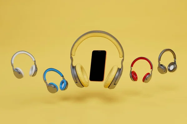 Escuchar Música Smartphone Con Auriculares Auriculares Teléfono Inteligente Sobre Fondo —  Fotos de Stock