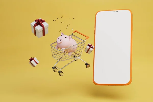 Akıllı telefondan online alışveriş. İçinde dolar ve hediyeler olan kumbaralı bir telefon ve tramvay. 3 Boyutlu Hazırlama.