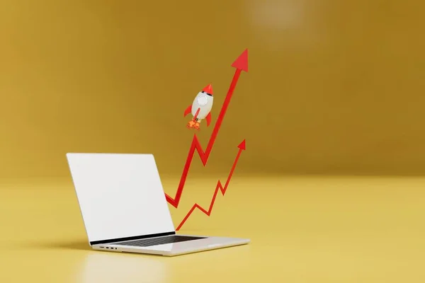 Növeli Online Kereset Laptop Nyíl Chart Értékesítési Növekedés Rakéta Sárga — Stock Fotó