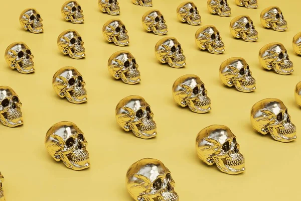 노란색 배경에 황금빛 두개골의 패턴으로 구성된 추상적 렌더링 — 스톡 사진