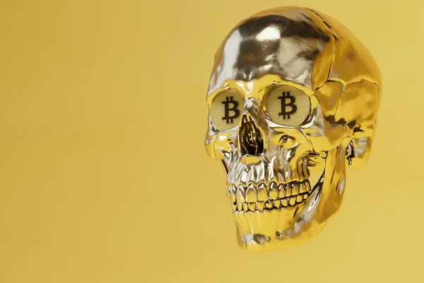 Gewinne Mit Kryptowährungen Goldschädel Eines Mannes Dessen Augen Bitcoin Coins — Stockfoto