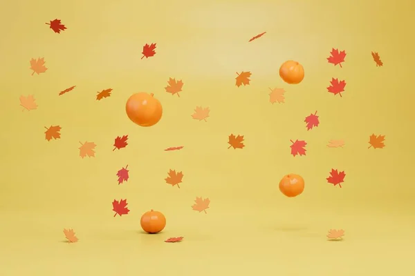 an abstract background consisting of flying pumpkins and leaves on a yellow background. 3D render.