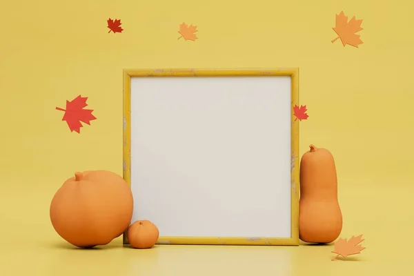 pumpkins of different shapes and leaves flying around the white picture on a yellow background. copy paste. 3D render.