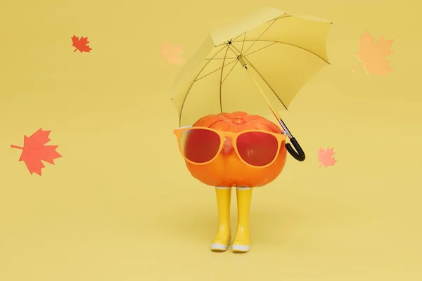 Şemsiyenin Altında Gözlüklü Lastik Çizmeli Havalı Bir Balkabağı Boyutlu Hazırlama — Stok fotoğraf