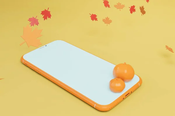 Order Pumpkins Halloween Online Smartphone Pumpkins Leaves Scatter Render — Stock Photo, Image