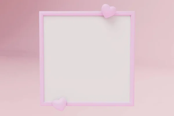 a gift for the holiday. beautiful frame with hearts on a pink pastel background. copy paste, copy space. 3D render.