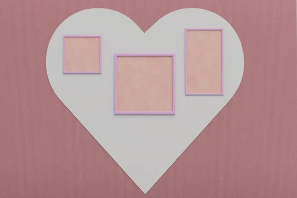 a set of photo frames on a heart painted on the wall. copy space. 3D render.