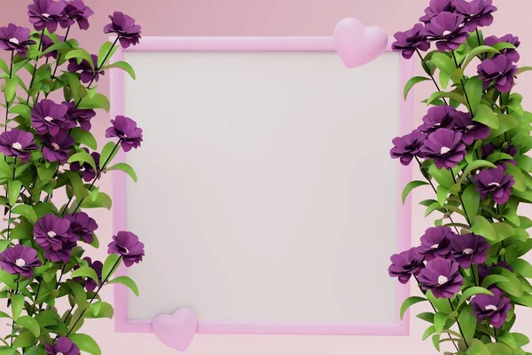 vintage frame with hearts around which beautiful flowers on a pastel background. copy paste, copy space. 3D render.