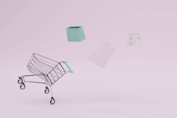the concept of buying gifts. trolley for goods from which gift bags fly out. 3D render.