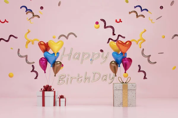 庆祝的概念 心形气球 五彩纸屑和生日礼物 3D渲染 — 图库照片
