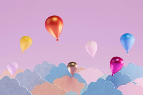 一个抽象的背景 由多彩的云彩和气球组成 在灰蒙蒙的背景上飘扬 3D渲染 — 图库照片