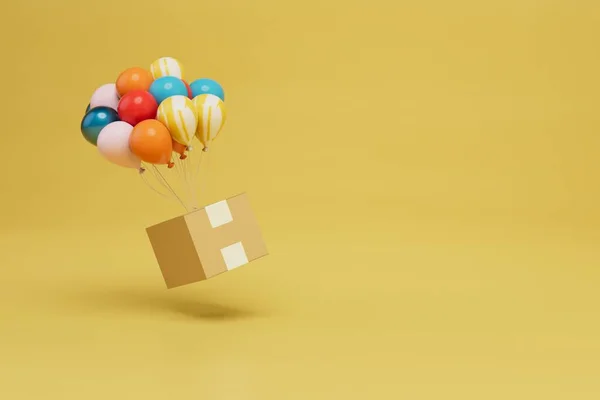 Alternatif paket teslimatı kavramı. çok renkli balonlarla uçan bir paket. kopyala yapıştır, kopyala alanı. 3 Boyutlu Hazırlama.