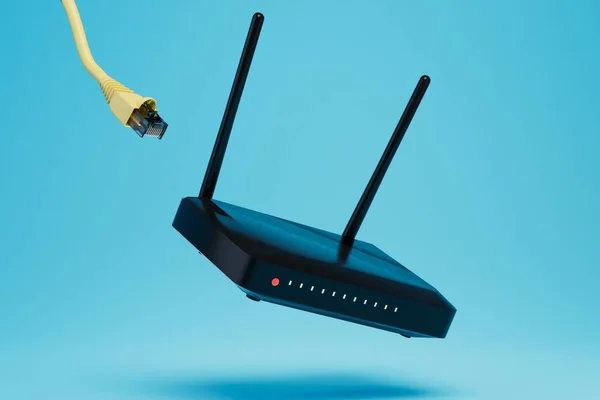 ev internet bağlantısı. İnternet kablosu mavi arka plandaki Wi-Fi yönlendiricisine gidiyor. 3 Boyutlu Hazırlama.