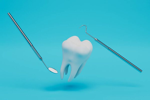 концепция стоматологического обследования. зуб, зеркало и зонд на синем фоне. 3D рендеринг.