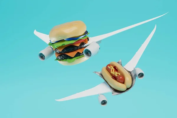 Conceito Junk Food Cachorro Quente Hambúrguer Voando Nas Asas Avião — Fotografia de Stock