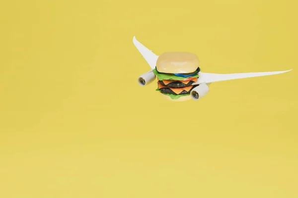 Love Fast Food Hamburger Flying Wings Airplane Yellow Background Copy — Stock Photo, Image