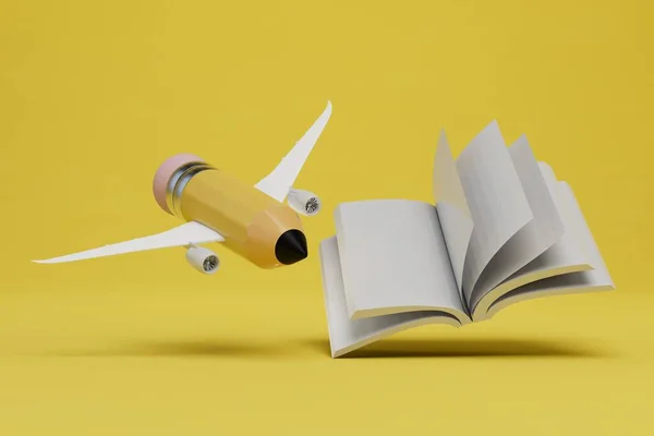 Concepto Volver Aprendizaje Libro Lápiz Volando Sobre Las Alas Avión — Foto de Stock