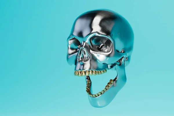ハロウィンを祝うという概念です 青い背景に開いた口を持つ金属製の頭蓋骨です 3Dレンダリング — ストック写真