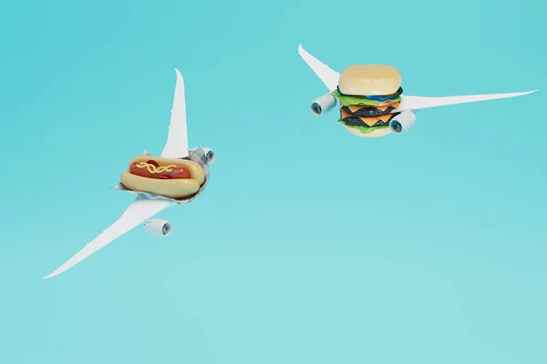 Conceito Junk Food Cachorro Quente Hambúrguer Voando Nas Asas Avião — Fotografia de Stock