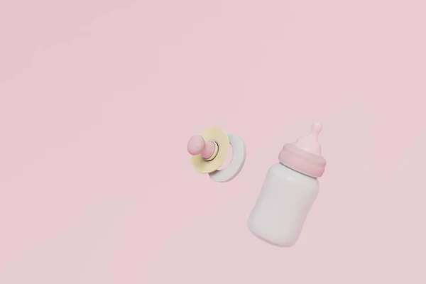 Bottiglia Latte Bambini Ciuccio Sfondo Rosa Pastello Copia Incolla Copia — Foto Stock