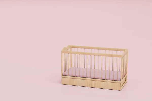 Inrichting Van Kinderkamer Houten Kinderbedje Een Roze Pastelachtergrond Kopieer Plakken — Stockfoto