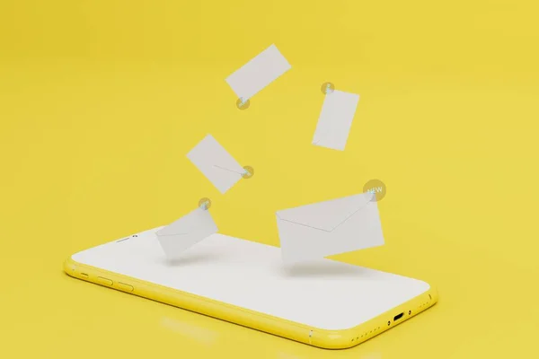 Online Yazışma Kavramı Akıllı Telefon Sarı Arka Planda Yeni Postalar — Stok fotoğraf
