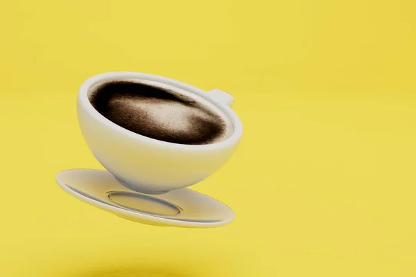 Está Hora Café Uma Xícara Café Pires Fundo Amarelo Copiar — Fotografia de Stock