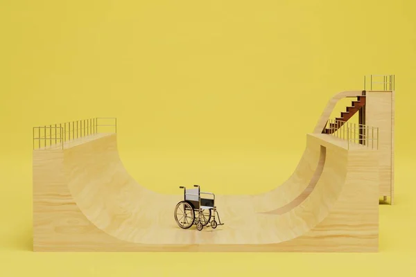 障害者はスポーツをしたいのです スケートボードのランプの車椅子です 3Dレンダリング — ストック写真